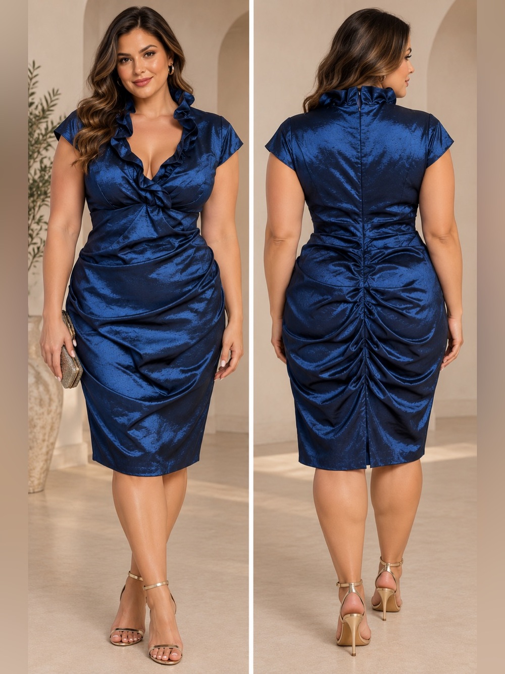 DJ-JAZ Metallic Shiny Navy Blue Ruffle V-Neck Ruched Bodycon Hoco Dress 16 NWOT